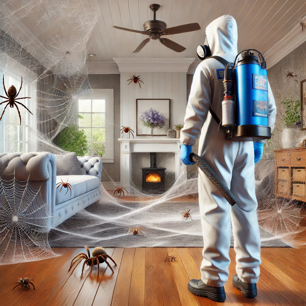 DALL·E 2024 11 10 12.30.49 A detailed realistic image of a suburban home interior in Burwood Australia showing a professional pest control worker in protective gear inspectin
